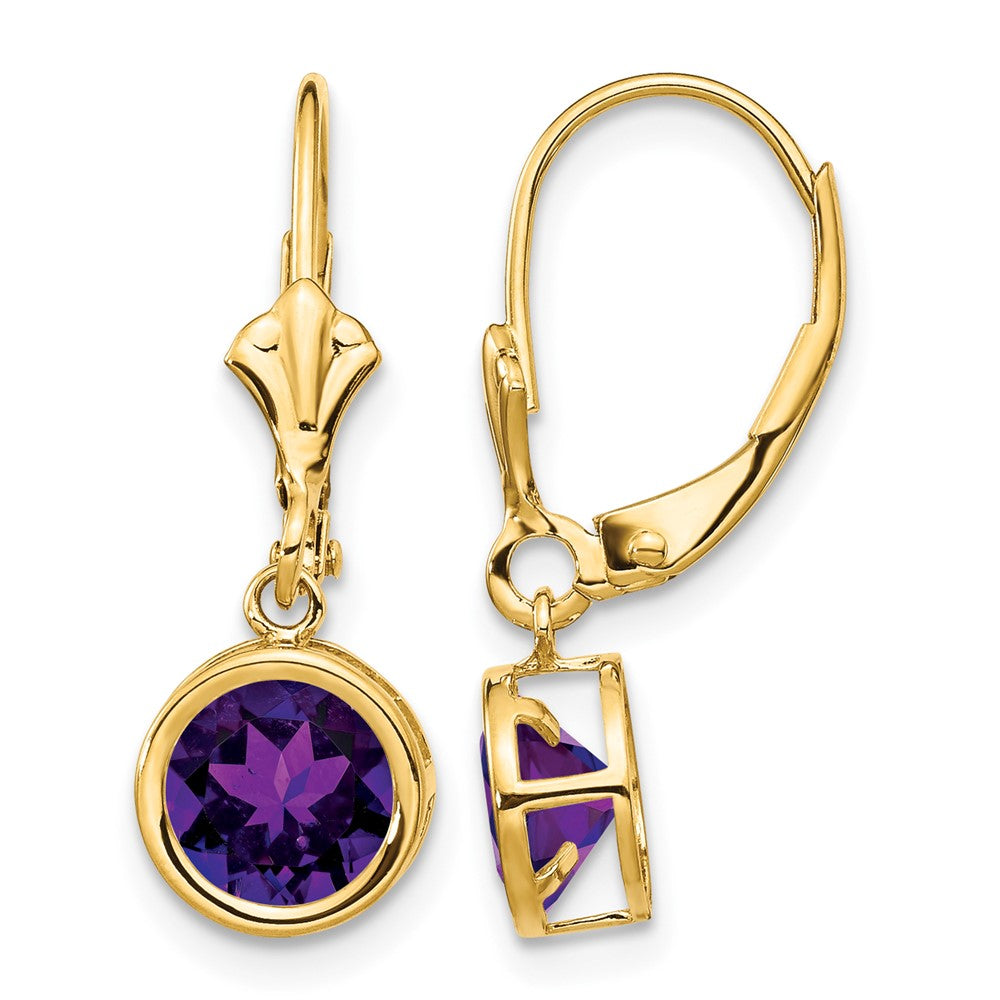 14k Round Amethyst Bezel Leverback Dangle Earrings