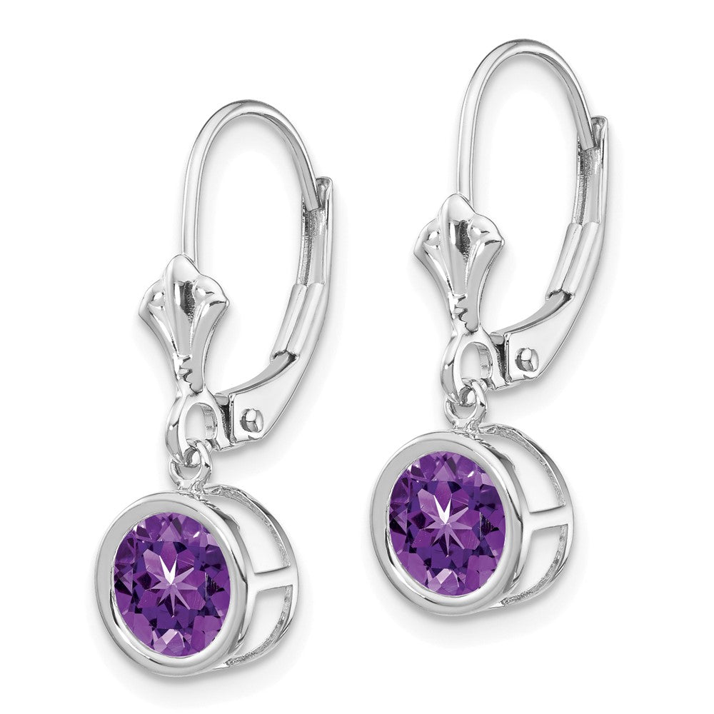 14k White Gold Round Amethyst Bezel Leverback Dangle Earrings