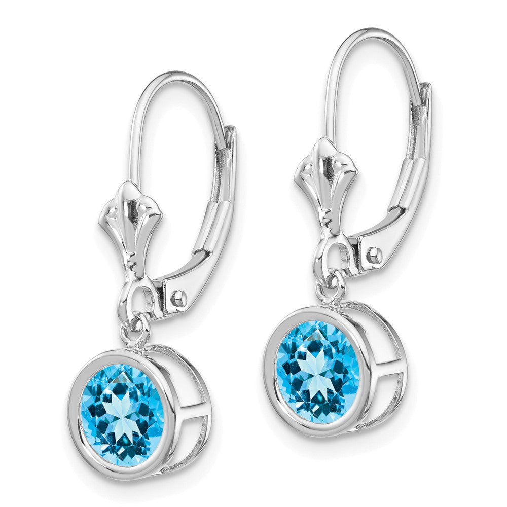 14k White Gold Round Blue Topaz Bezel Leverback Dangle Earrings