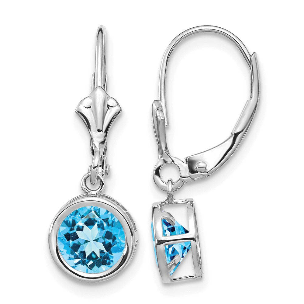14k White Gold Round Blue Topaz Bezel Leverback Dangle Earrings