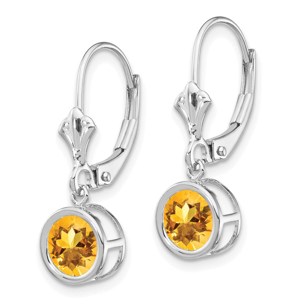 14k White Gold Round Citrine Bezel Leverback Dangle Earrings