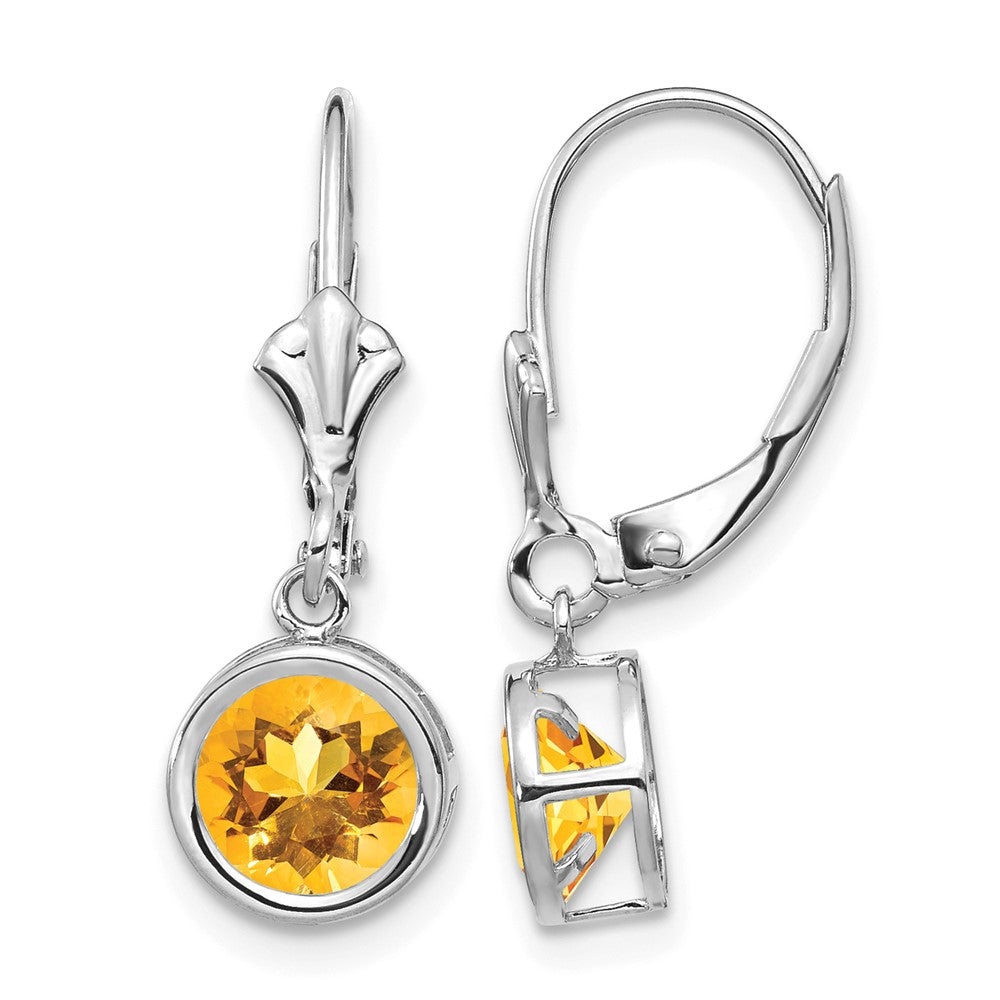 14k White Gold Round Citrine Bezel Leverback Dangle Earrings