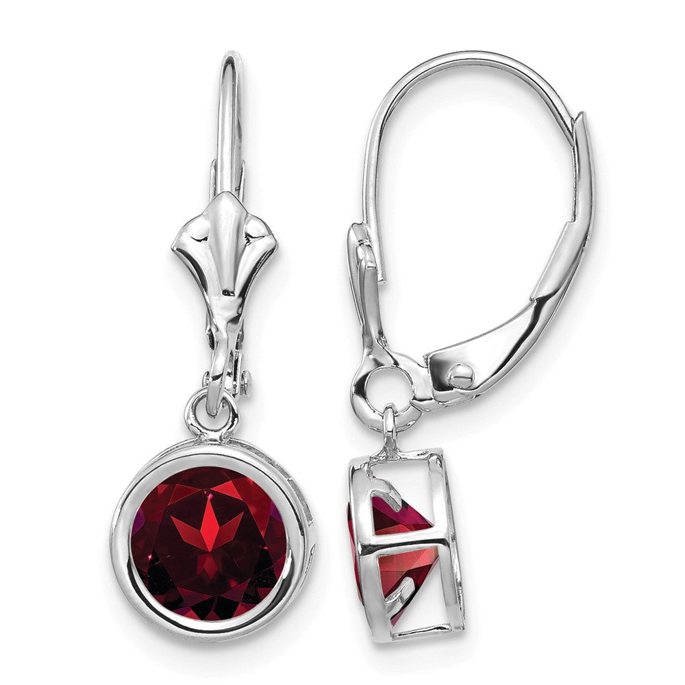 14k White Gold Round Garnet Dangle Leverback Earrings