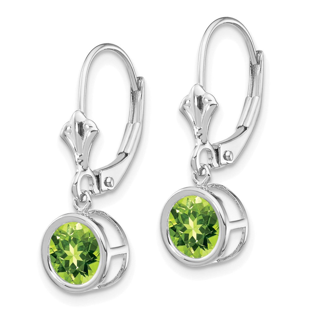 14k White Gold Round Peridot Bezel Leverback Dangle Earrings