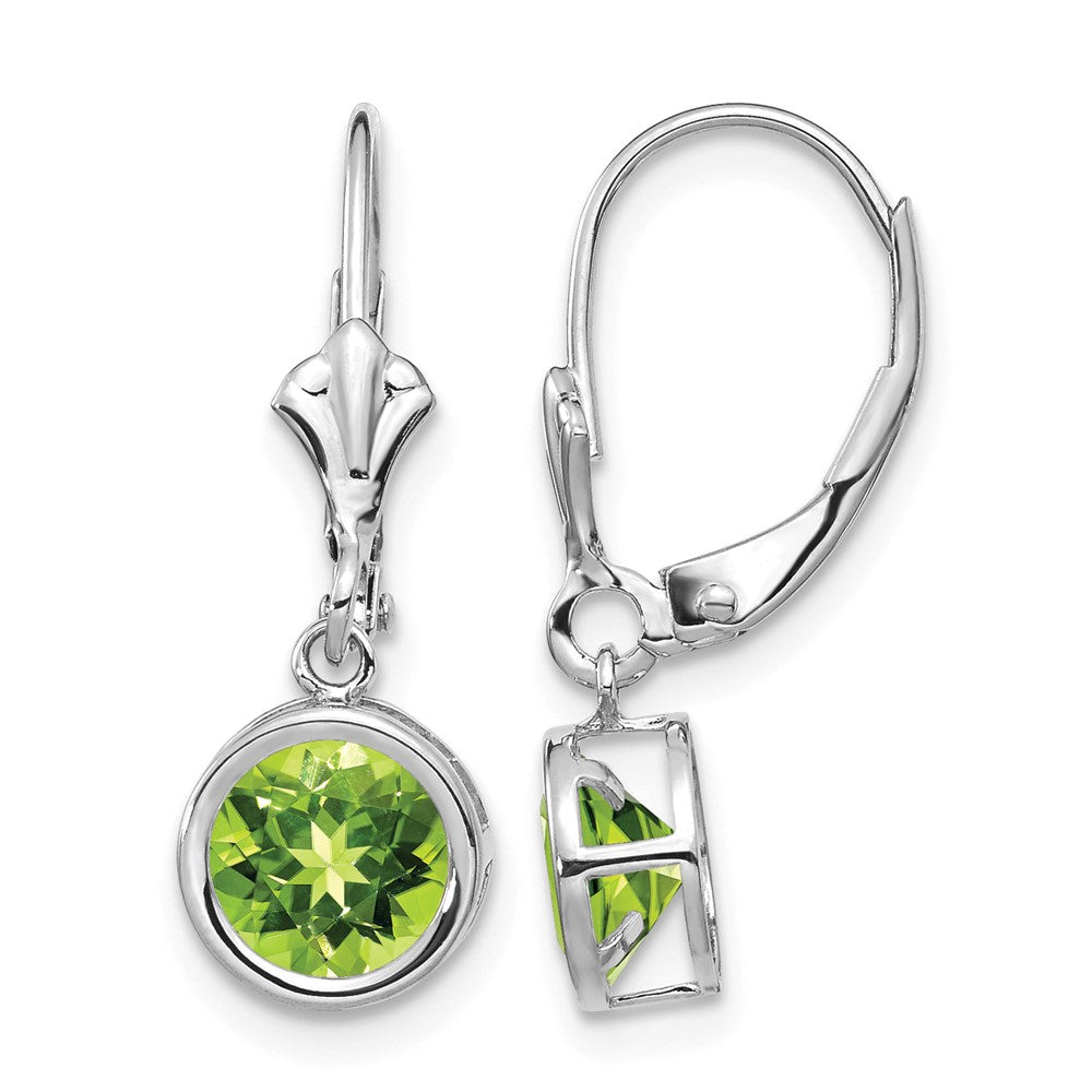 14k White Gold Round Peridot Bezel Leverback Dangle Earrings