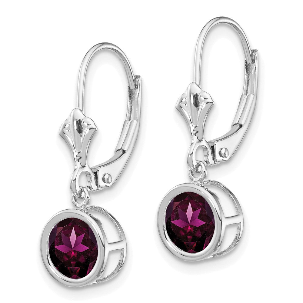 14k White Gold Round Rhodolite Garnet Bezel Leverback Dangle Earrings
