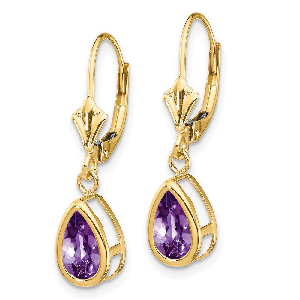 14k 8x Pear Amethyst Bezel Leverback Dangle Earrings