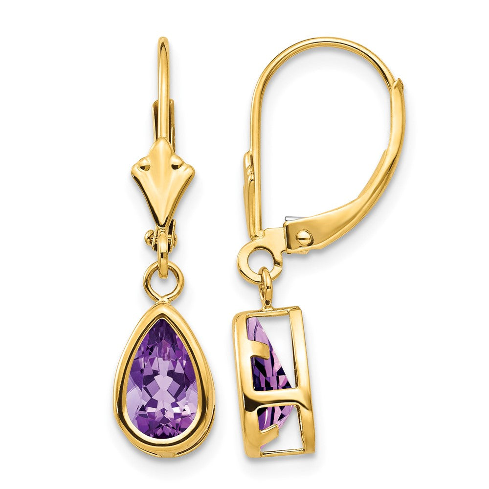 14k 8x Pear Amethyst Bezel Leverback Dangle Earrings