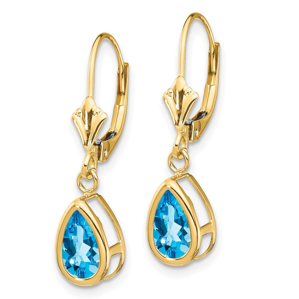 14k 8x Pear Blue Topaz Bezel Leverback Dangle Earrings