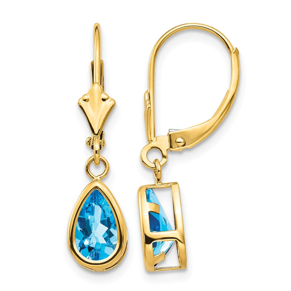 14k 8x Pear Blue Topaz Bezel Leverback Dangle Earrings