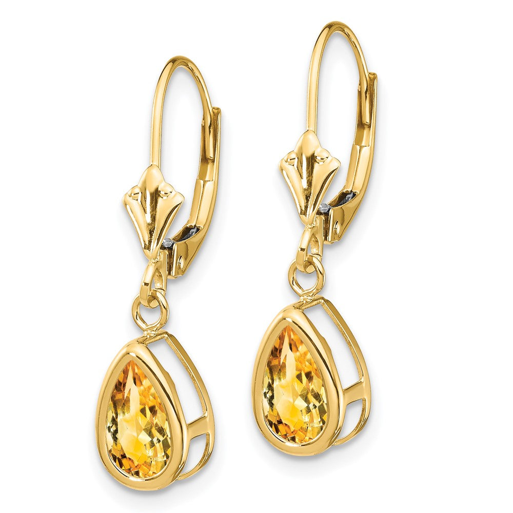 14k 8x Pear Citrine Bezel Leverback Dangle Earrings
