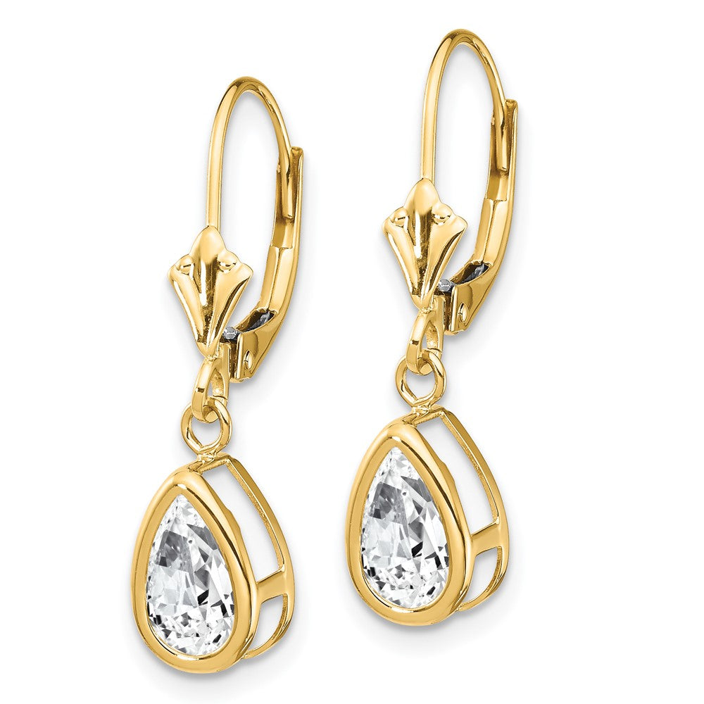 14k 8x Pear Cubic Zirconia Bezel Leverback Dangle Earrings