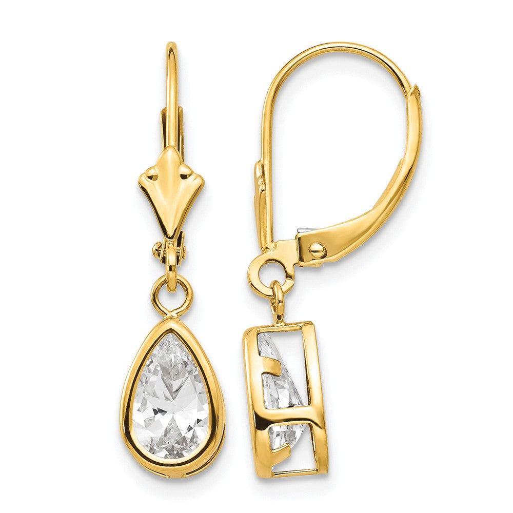 14k 8x Pear Cubic Zirconia Bezel Leverback Dangle Earrings