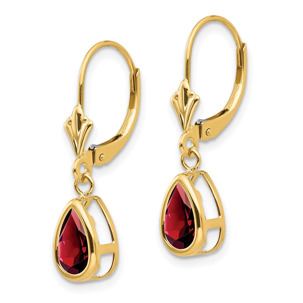 14k 8x Pear Garnet Bezel Leverback Dangle Earrings