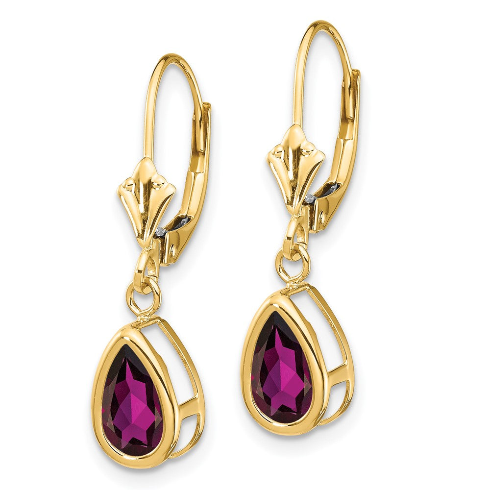 14k 8x Pear Rhodolite Garnet Bezel Leverback Dangle Earrings