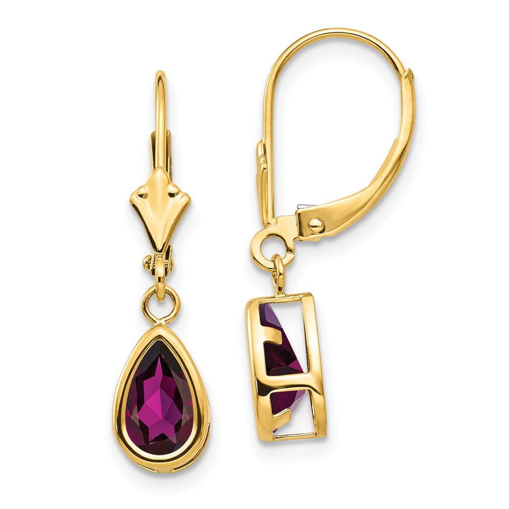 14k 8x Pear Rhodolite Garnet Leverback Earrings