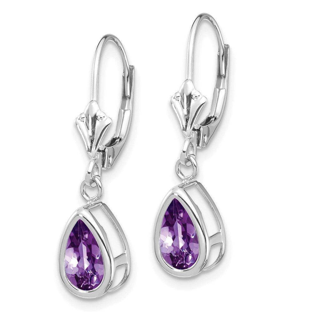14k White Gold 8x Pear Amethyst Bezel Leverback Dangle Earrings