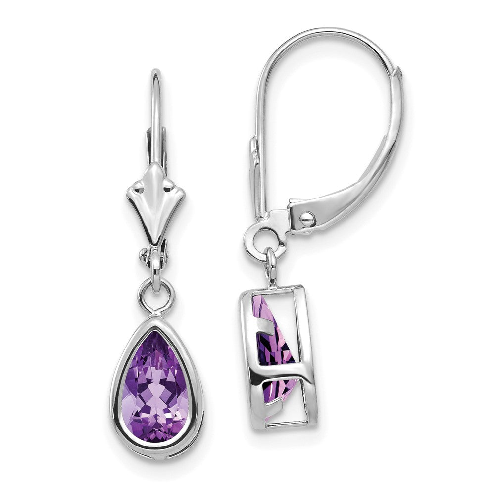 14k White Gold 8x Pear Amethyst Leverback Earrings