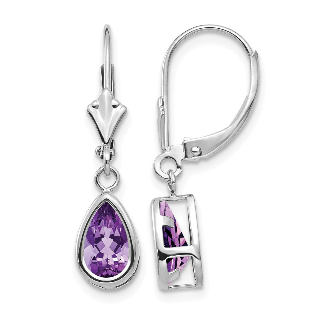 14k White Gold 8x Pear Amethyst Bezel Leverback Dangle Earrings