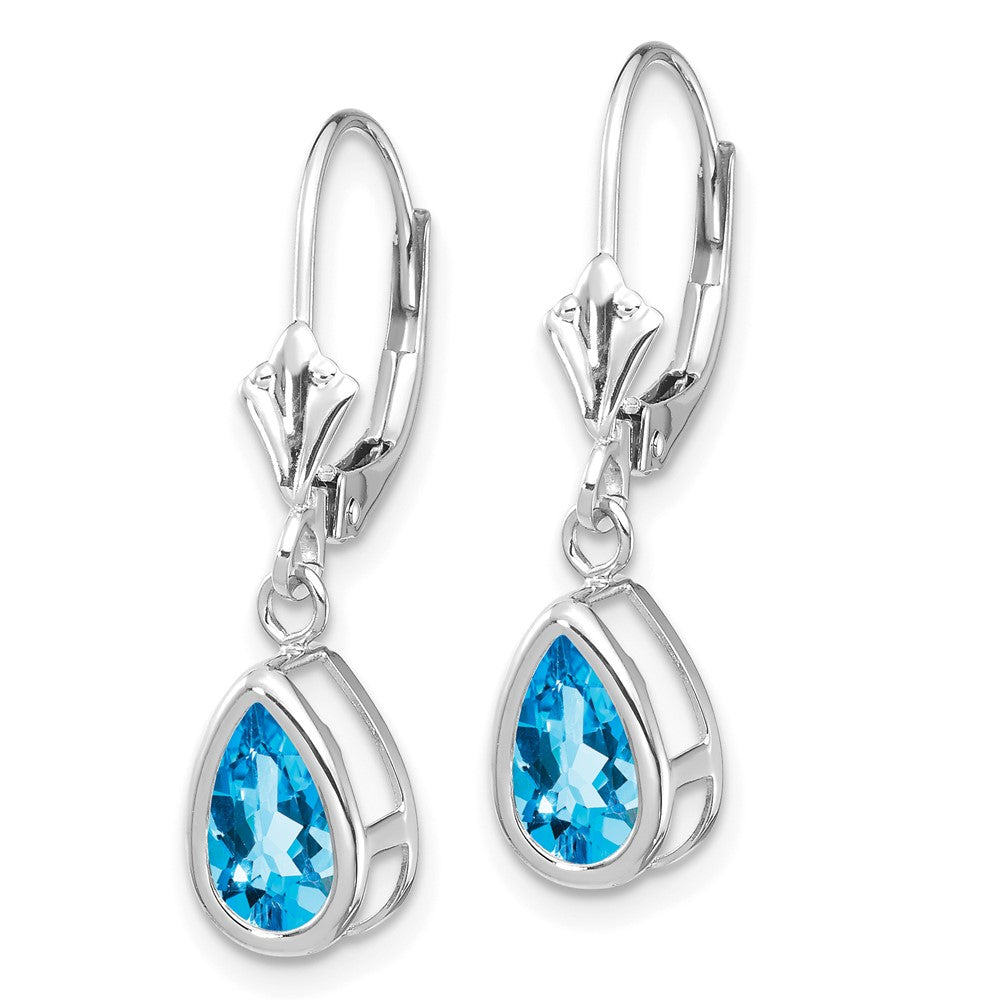14k White Gold 8x Pear Blue Topaz Bezel Leverback Dangle Earrings