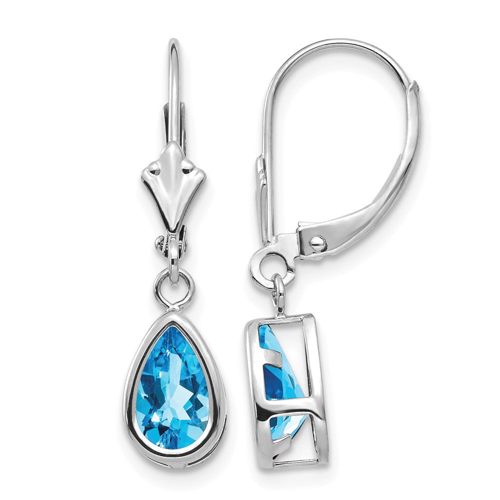14k White Gold 8x Pear Blue Topaz Bezel Leverback Dangle Earrings