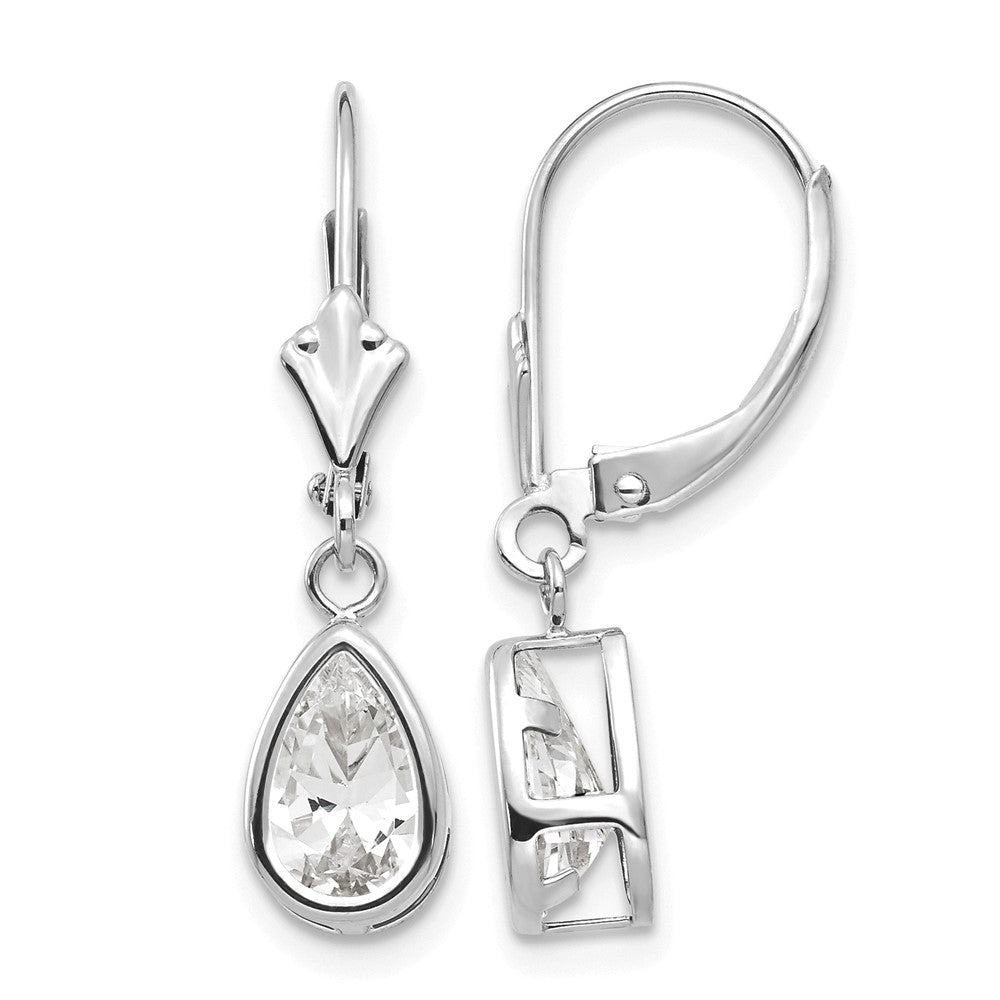 14k White Gold 8x Pear Cubic Zirconia Bezel Leverback Dangle Earrings