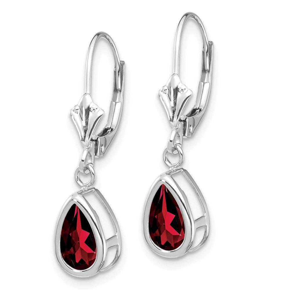 14k White Gold 8x Pear Garnet Bezel Leverback Dangle Earrings