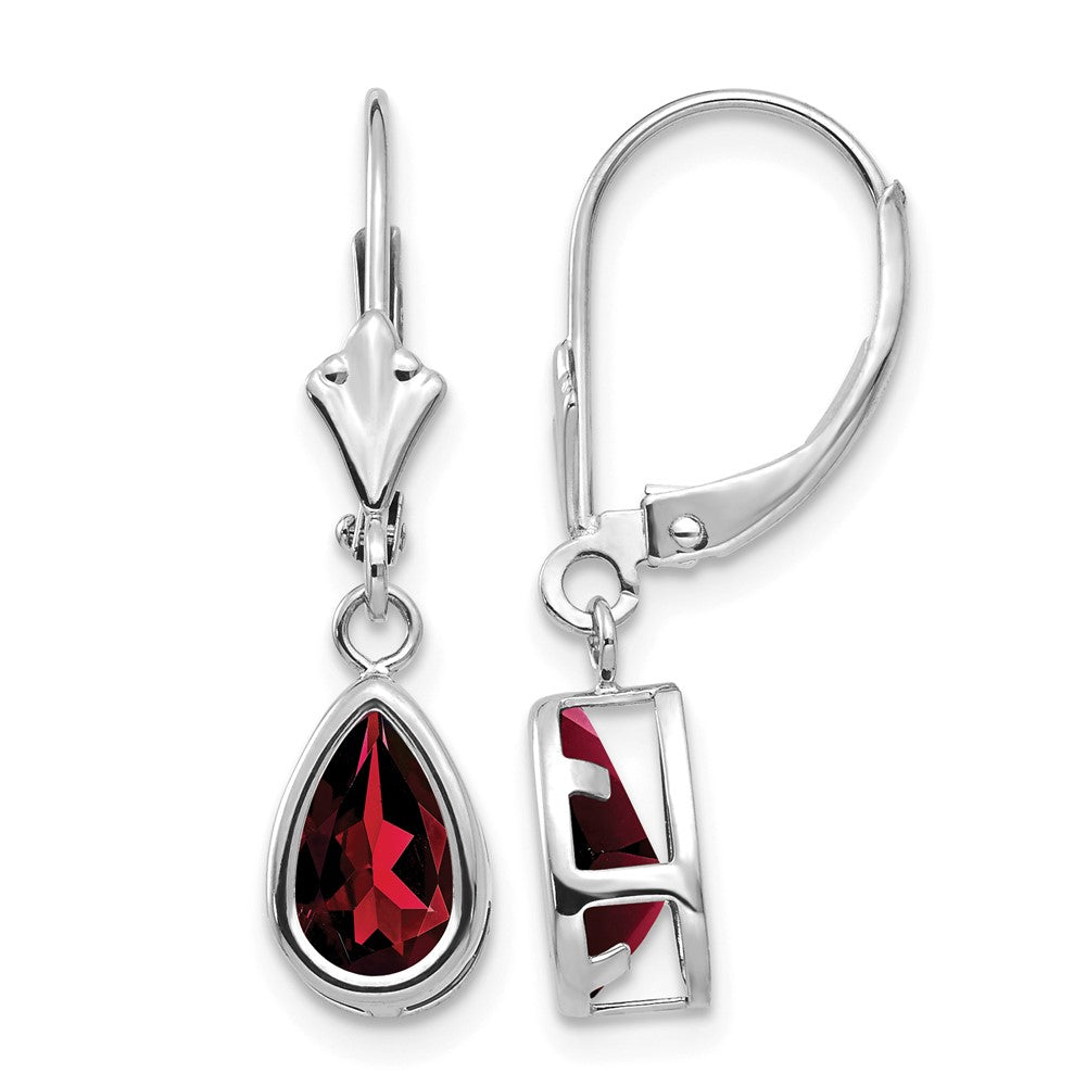 14k White Gold 8x Pear Garnet Bezel Leverback Dangle Earrings