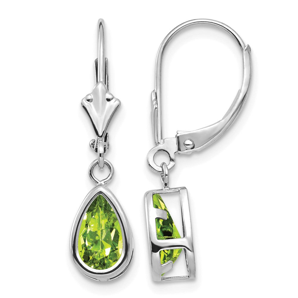14k White Gold 8x Pear Peridot Bezel Leverback Dangle Earrings