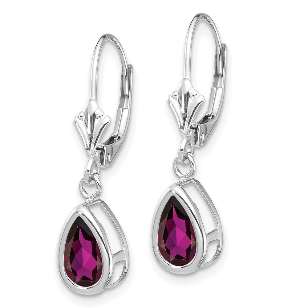 14k White Gold 8x Pear Rhodolite Garnet Bezel Leverback Dangle Earrings
