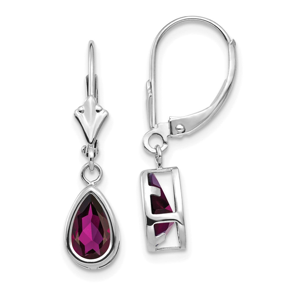 14k White Gold 8x Pear Rhodolite Garnet Leverback Earrings
