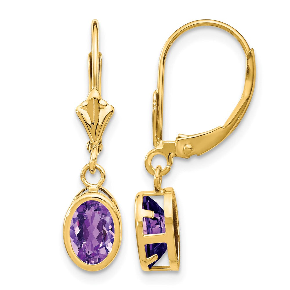 14k 7x Oval Amethyst Bezel Leverback Dangle Earrings
