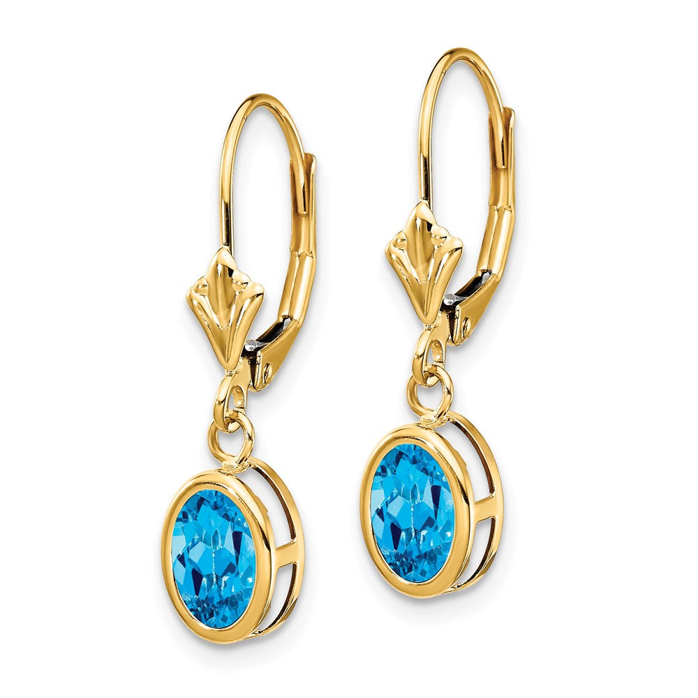 14k 7x Oval Blue Topaz Leverback Earrings