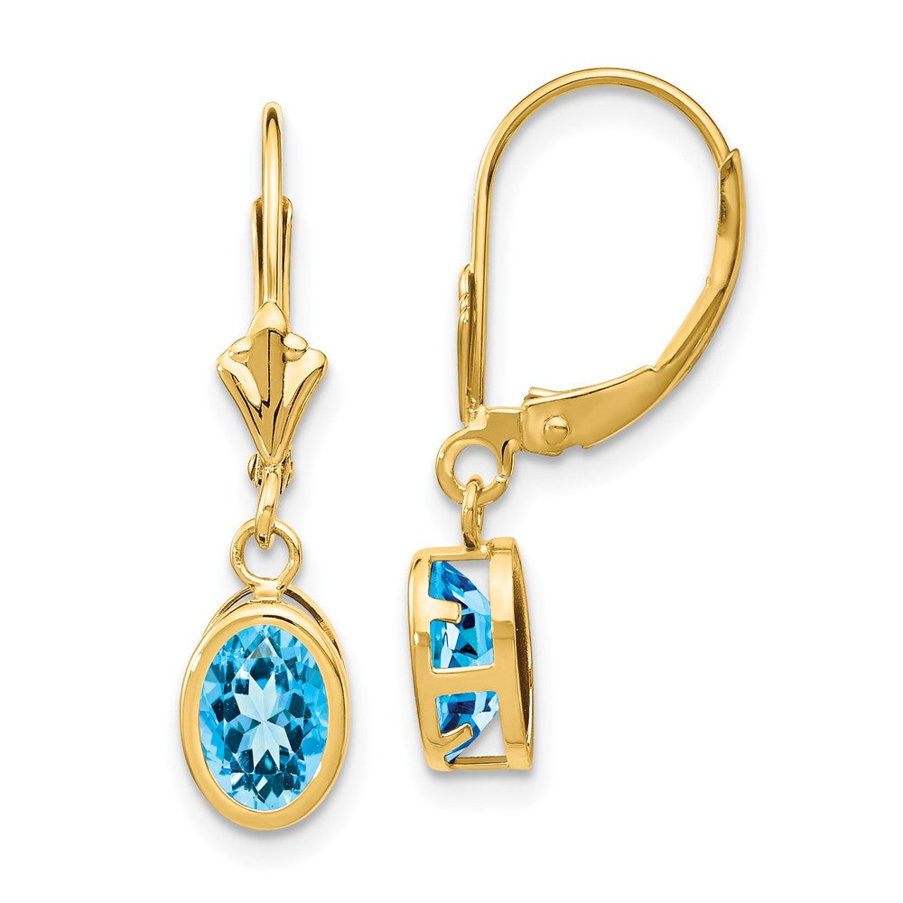 14k 7x Oval Blue Topaz Leverback Earrings