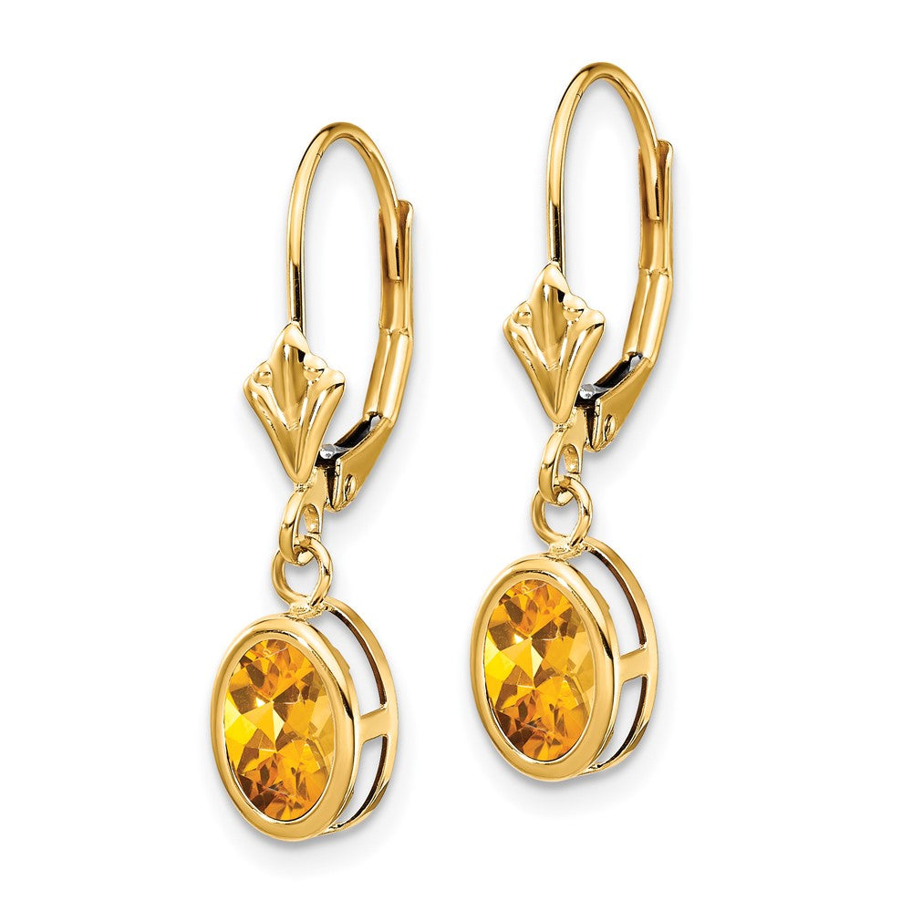 14k 7x Oval Citrine Bezel Leverback Dangle Earrings