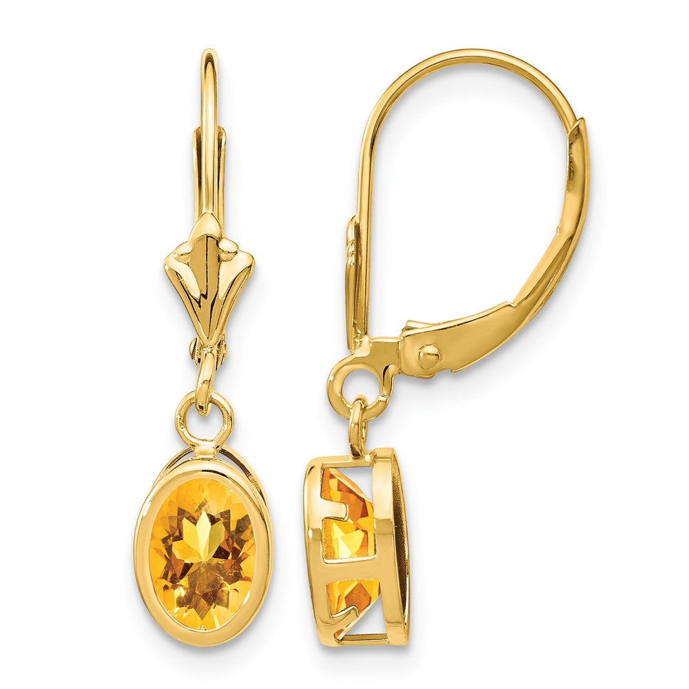 14k 7x Oval Citrine Bezel Leverback Dangle Earrings