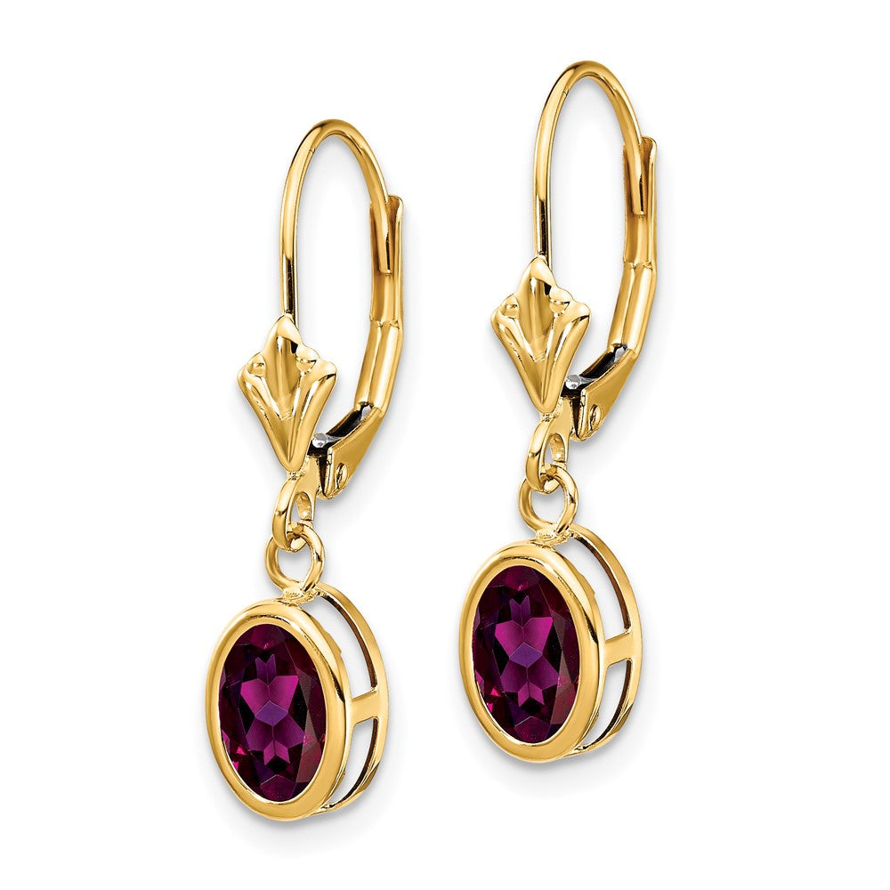14k 7x Oval Rhodolite Garnet Bezel Leverback Dangle Earrings