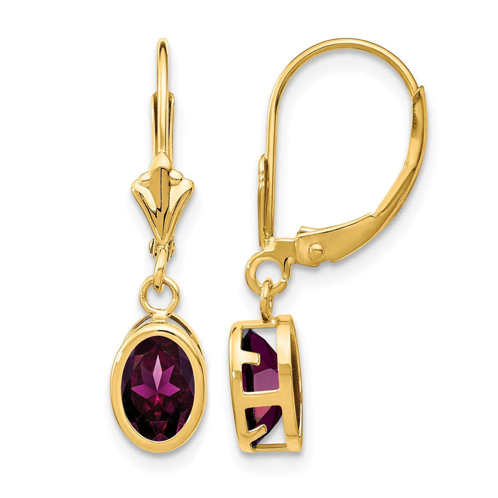 14k 7x Oval Rhodolite Garnet Bezel Leverback Dangle Earrings