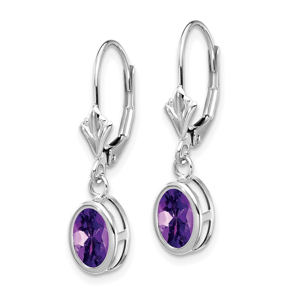 14k White Gold 7x Oval Amethyst Bezel Leverback Dangle Earrings