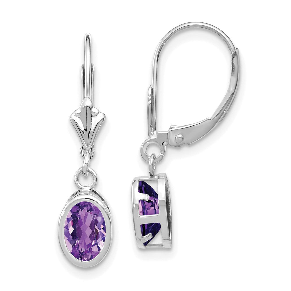 14k White Gold 7x Oval Amethyst Leverback Earrings