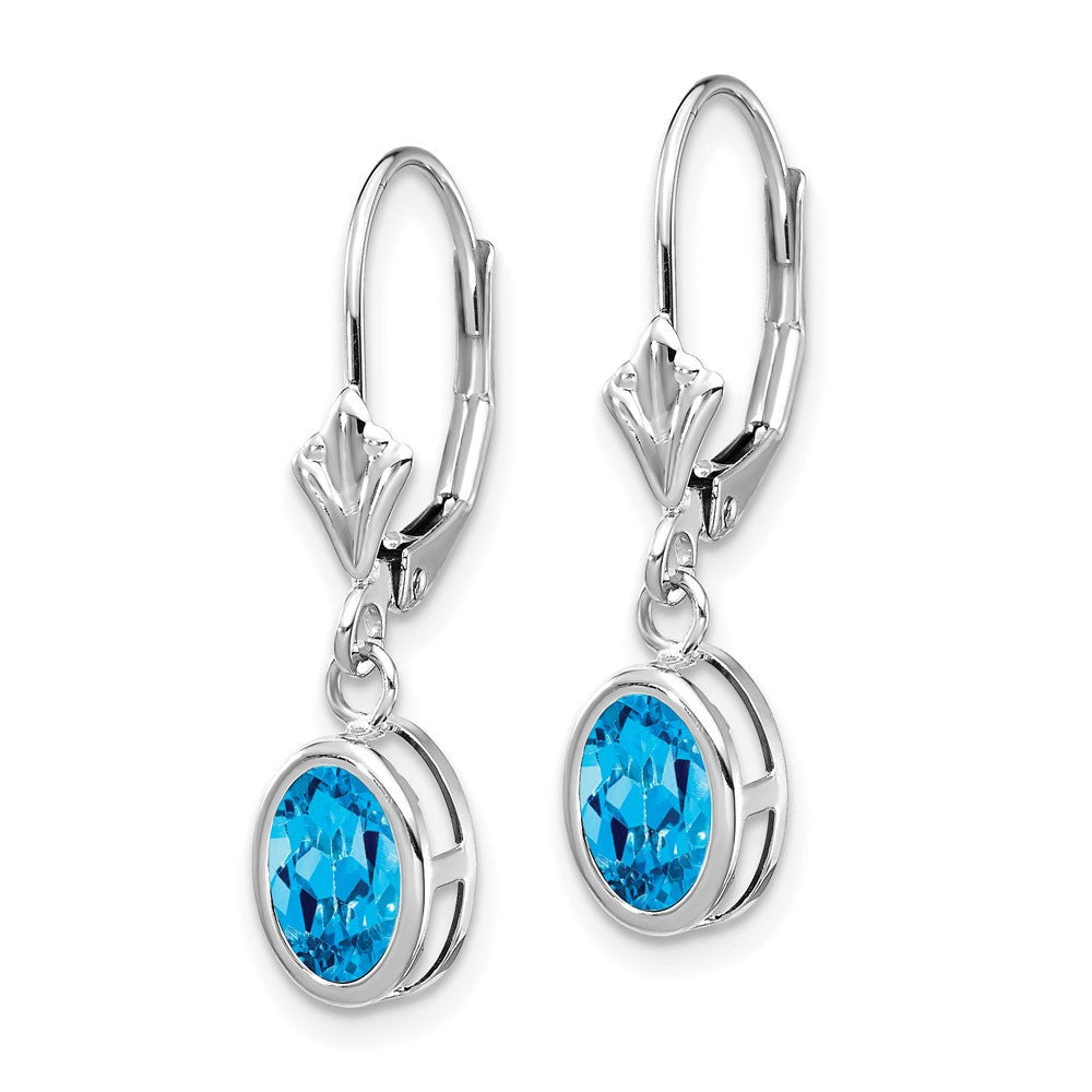14k White Gold 7x Oval Blue Topaz Bezel Leverback Dangle Earrings