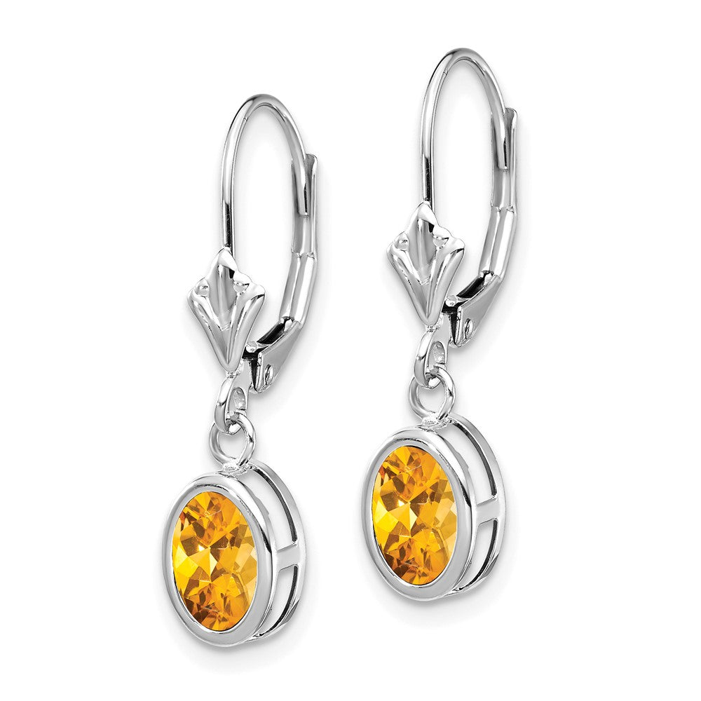 14k White Gold 7x Oval Citrine Bezel Leverback Dangle Earrings