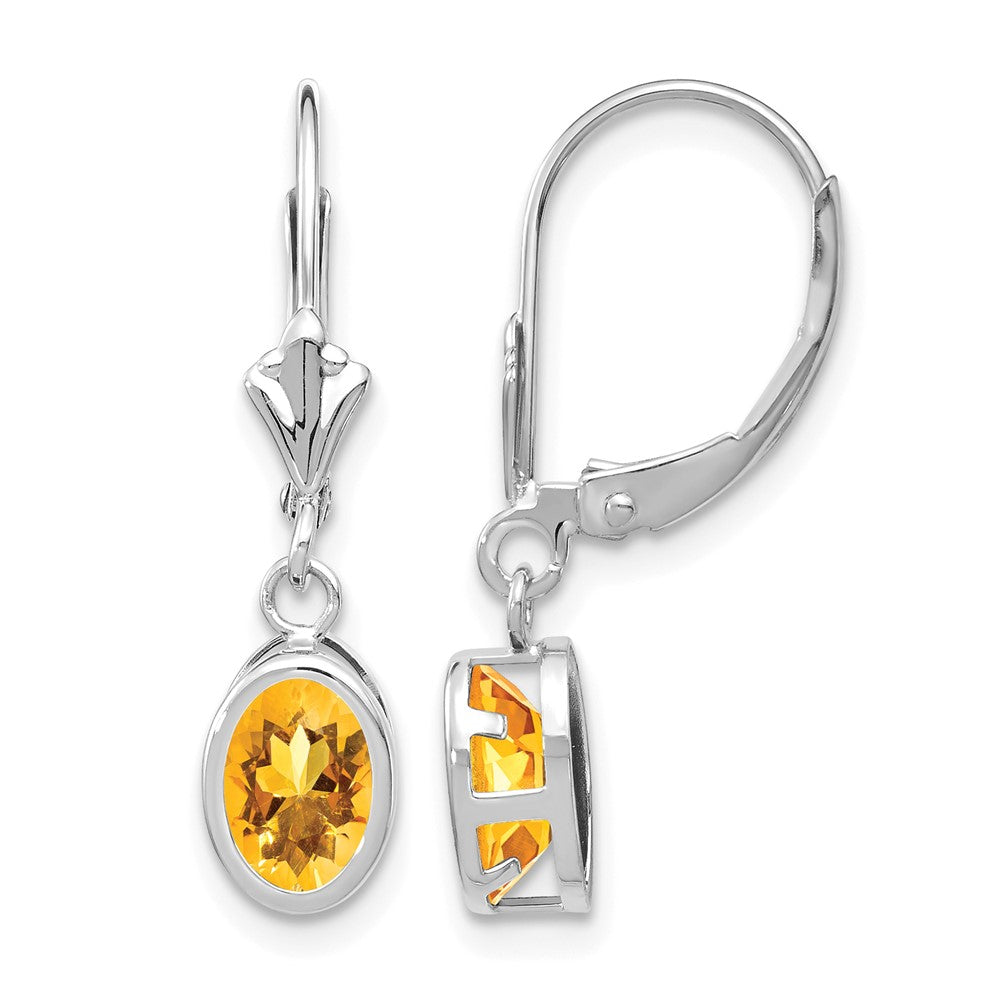 14k White Gold 7x Oval Citrine Bezel Leverback Dangle Earrings