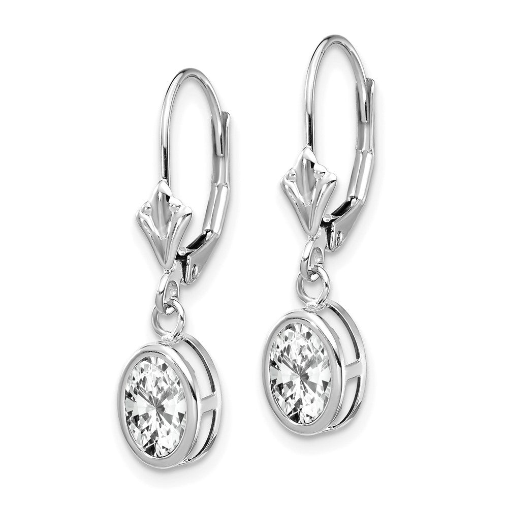 14k White Gold 7x Oval Cubic Zirconia Bezel Leverback Dangle Earrings