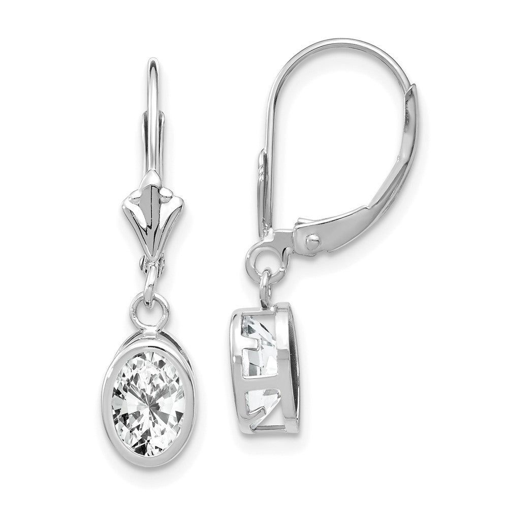 14k White Gold 7x Oval Cubic Zirconia Leverback Earrings