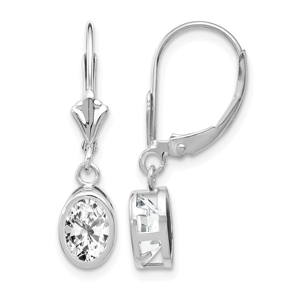 14k White Gold 7x Oval Cubic Zirconia Bezel Leverback Dangle Earrings