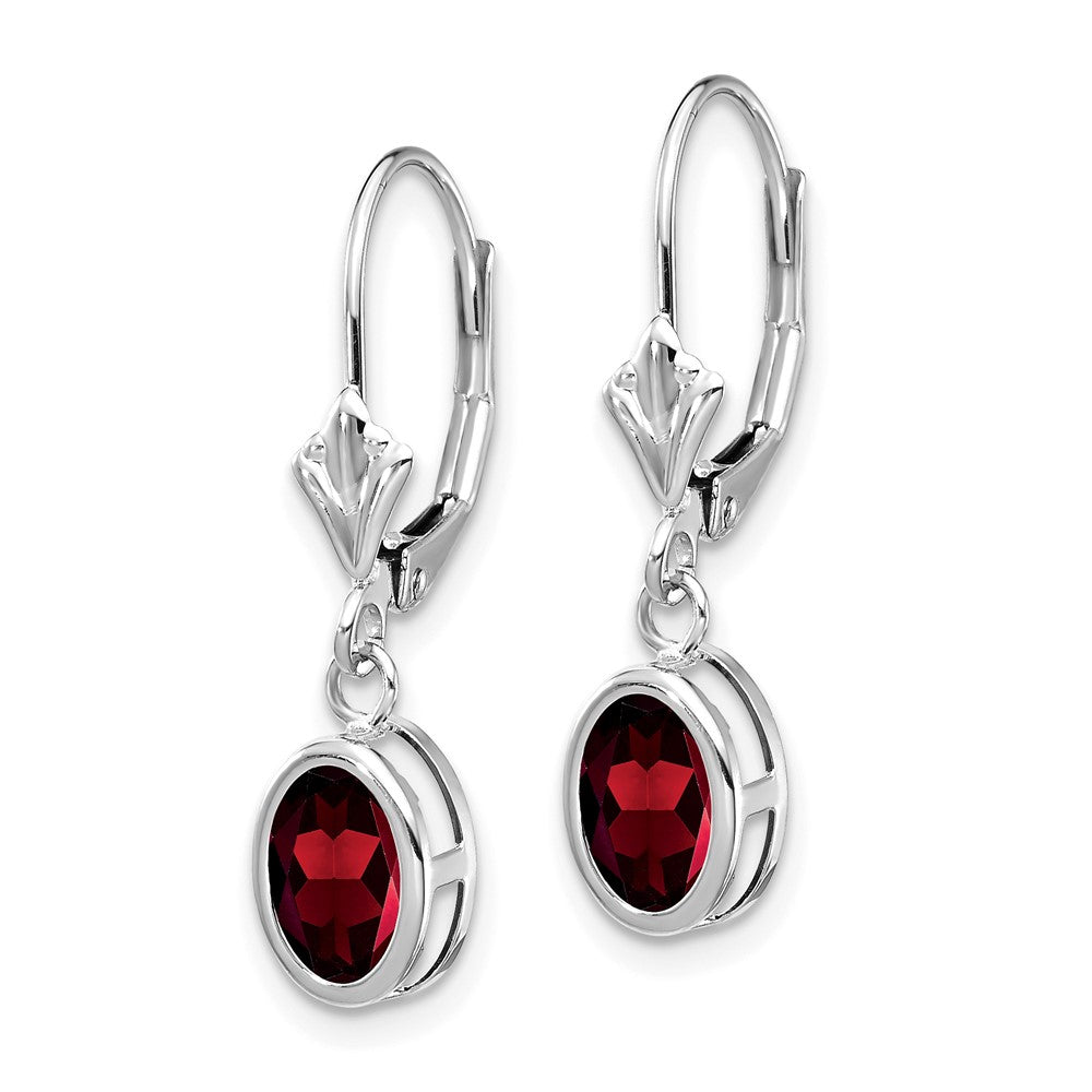 14k White Gold 7x Oval Garnet Dangle Leverback Earrings