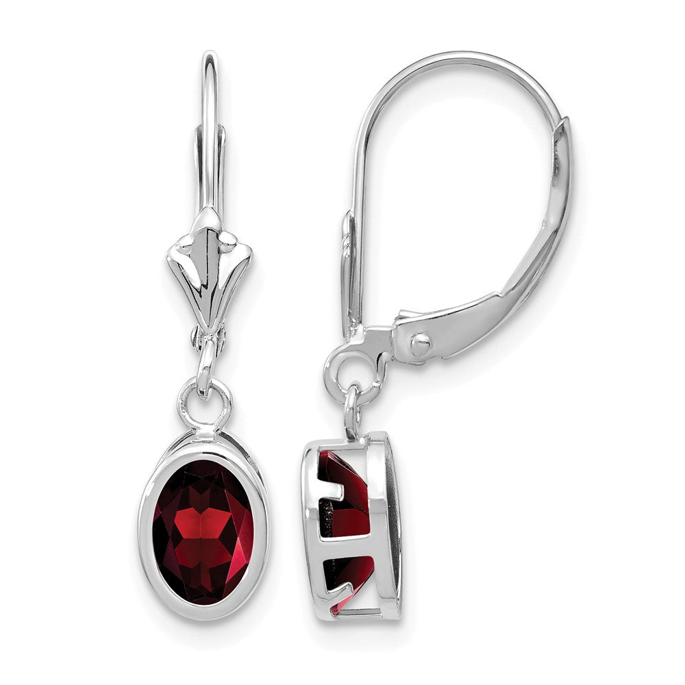 14k White Gold 7x Oval Garnet Dangle Leverback Earrings