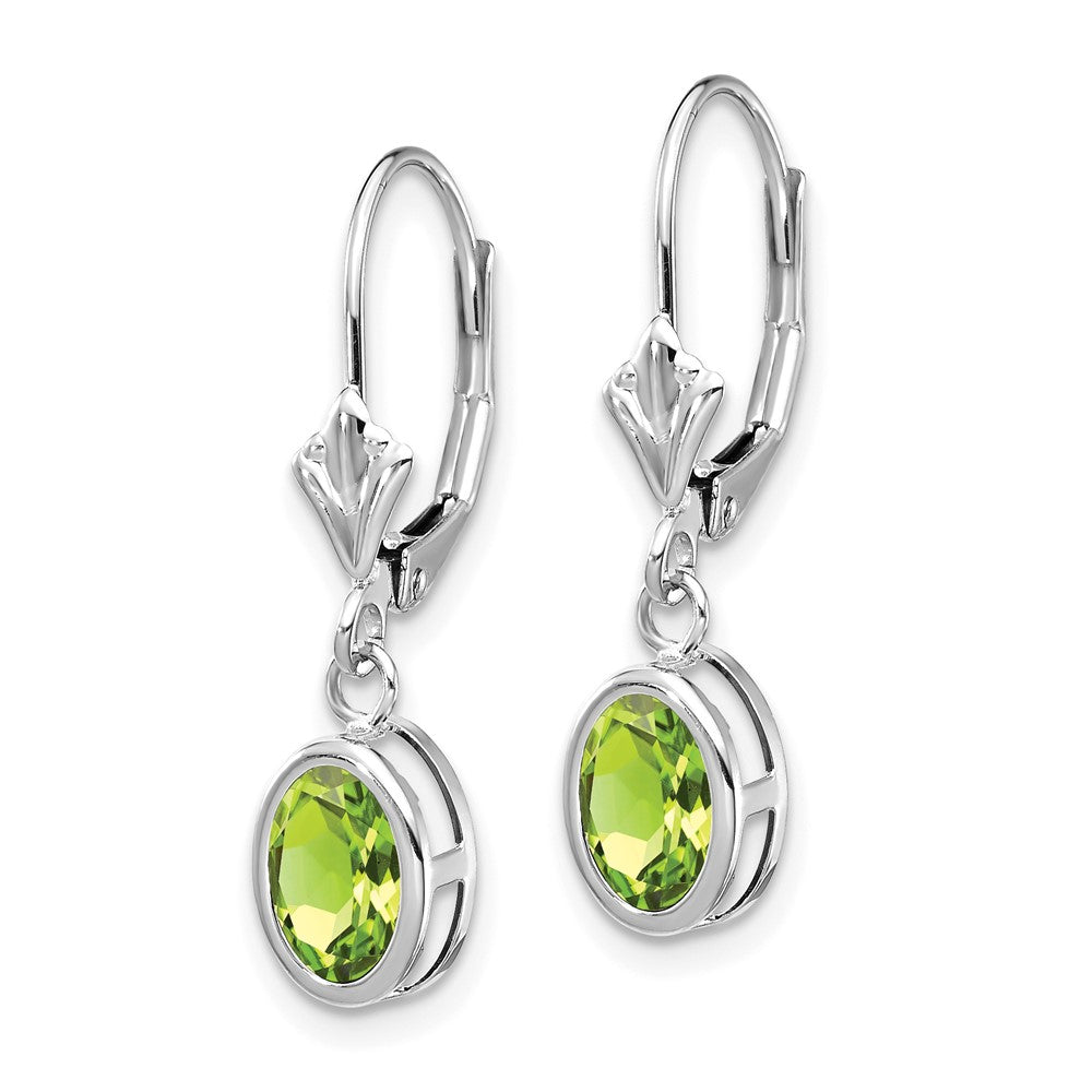 14k White Gold 7x Oval Peridot Bezel Leverback Dangle Earrings