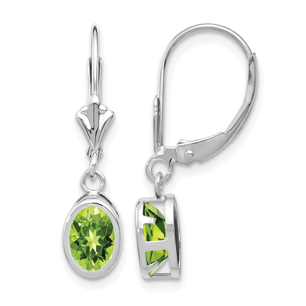 14k White Gold 7x Oval Peridot Bezel Leverback Dangle Earrings
